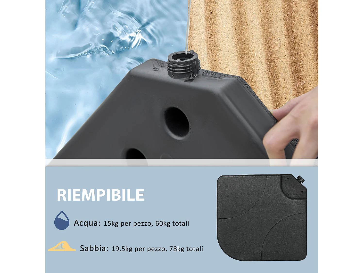 Base per ombrellone set 4 pz in HDPE riempibile con acqua o sabbia
