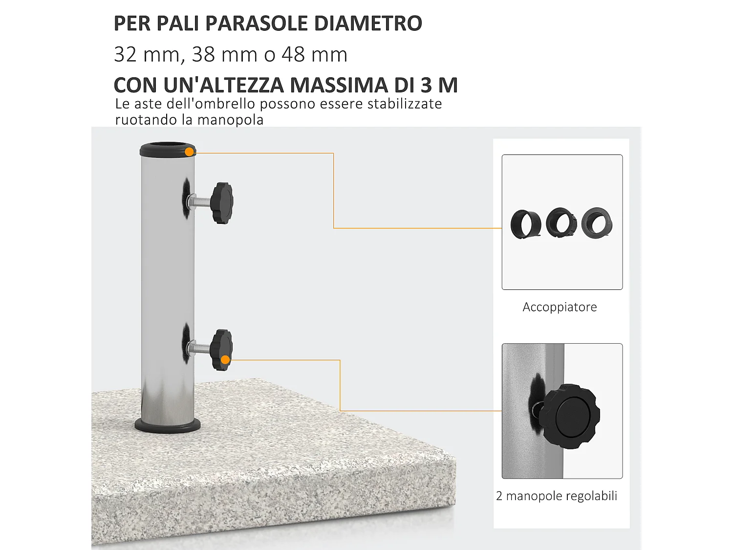 Base ombrellone da giardino 25kg con manopole e maniglie grigia