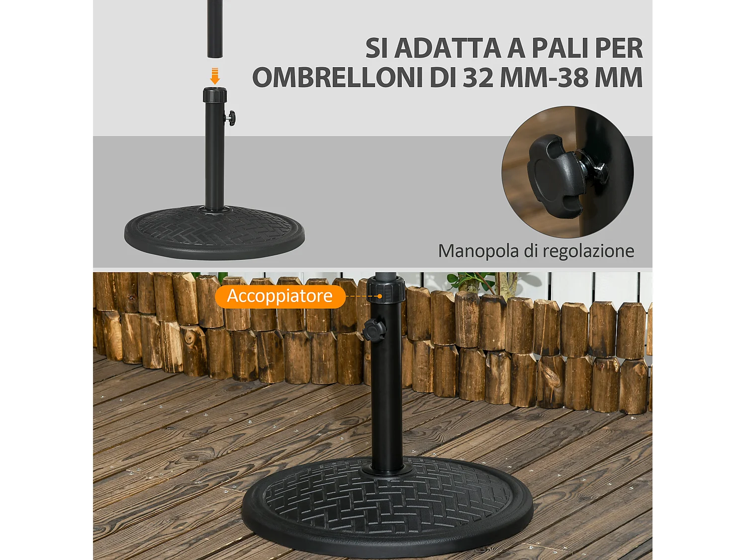 Base per ombrellone rotonda da 14kg in metallo e cemento nero