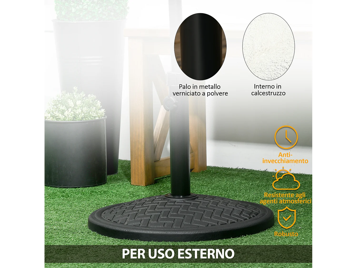 Base per ombrellone rotonda da 14kg in metallo e cemento nero