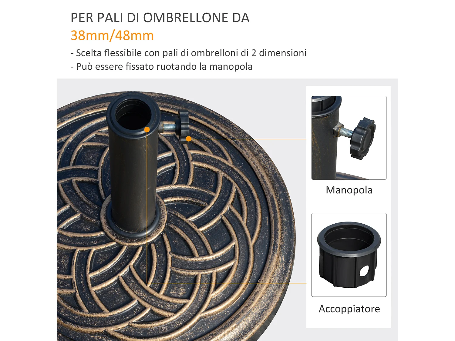 Base per ombrellone ø45cm da 12kg per pali da 38mm e 48mm