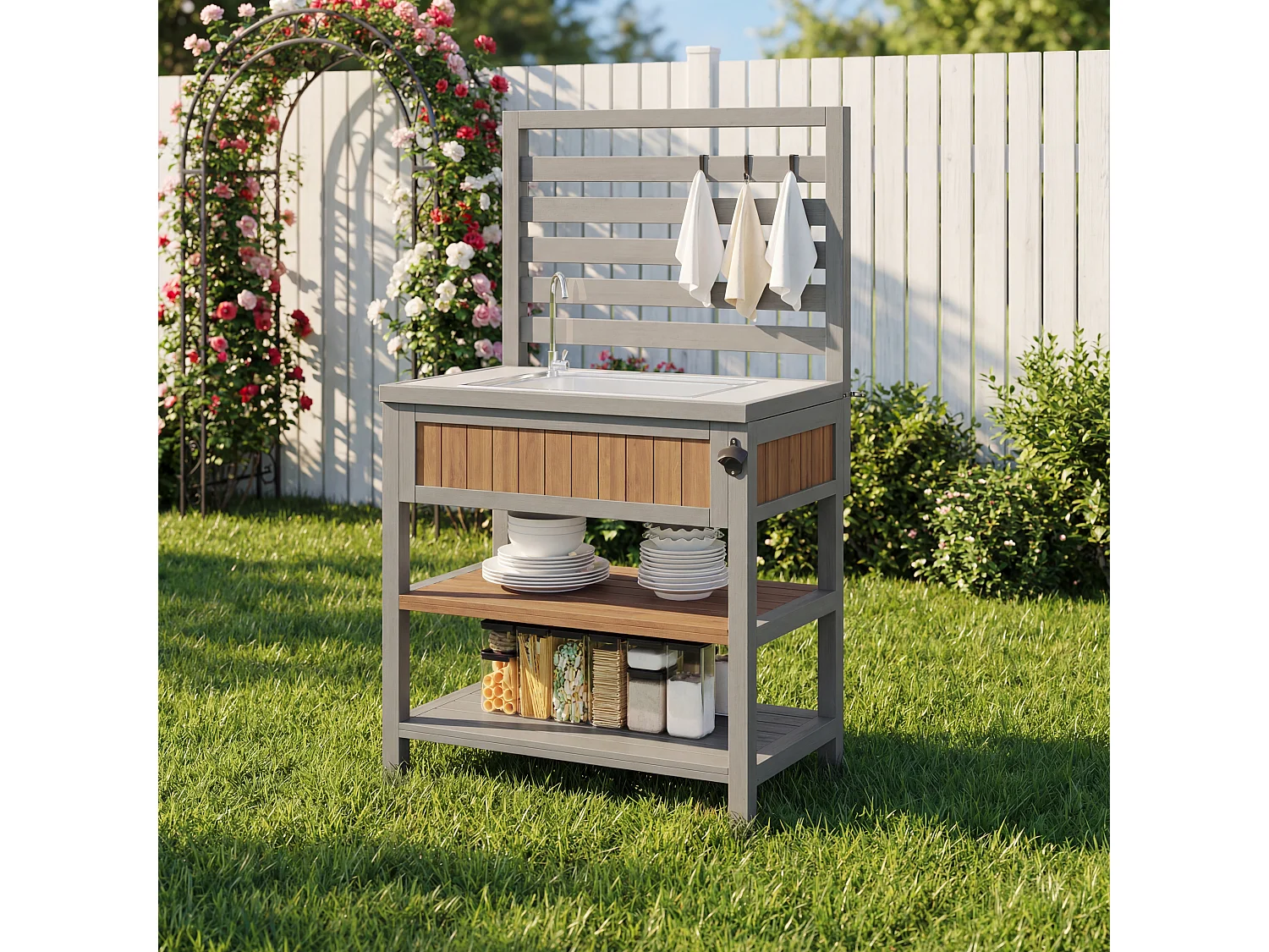 Garden Serving Cart with Integrated Sink, Tap, and Bottle Opener - Solid Wood Outdoor Buffet with Shelves and Hooks - 80x51x148.5cm - Grey