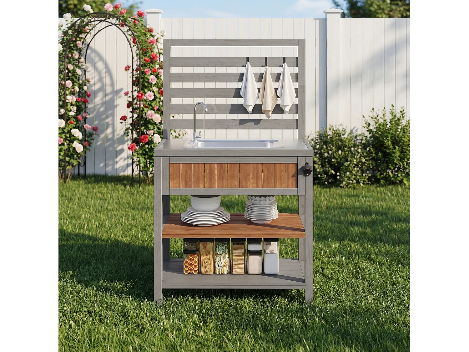 Garden Serving Cart with Integrated Sink, Tap, and Bottle Opener - Solid Wood Outdoor Buffet with Shelves and Hooks - 80x51x148.5cm - Grey