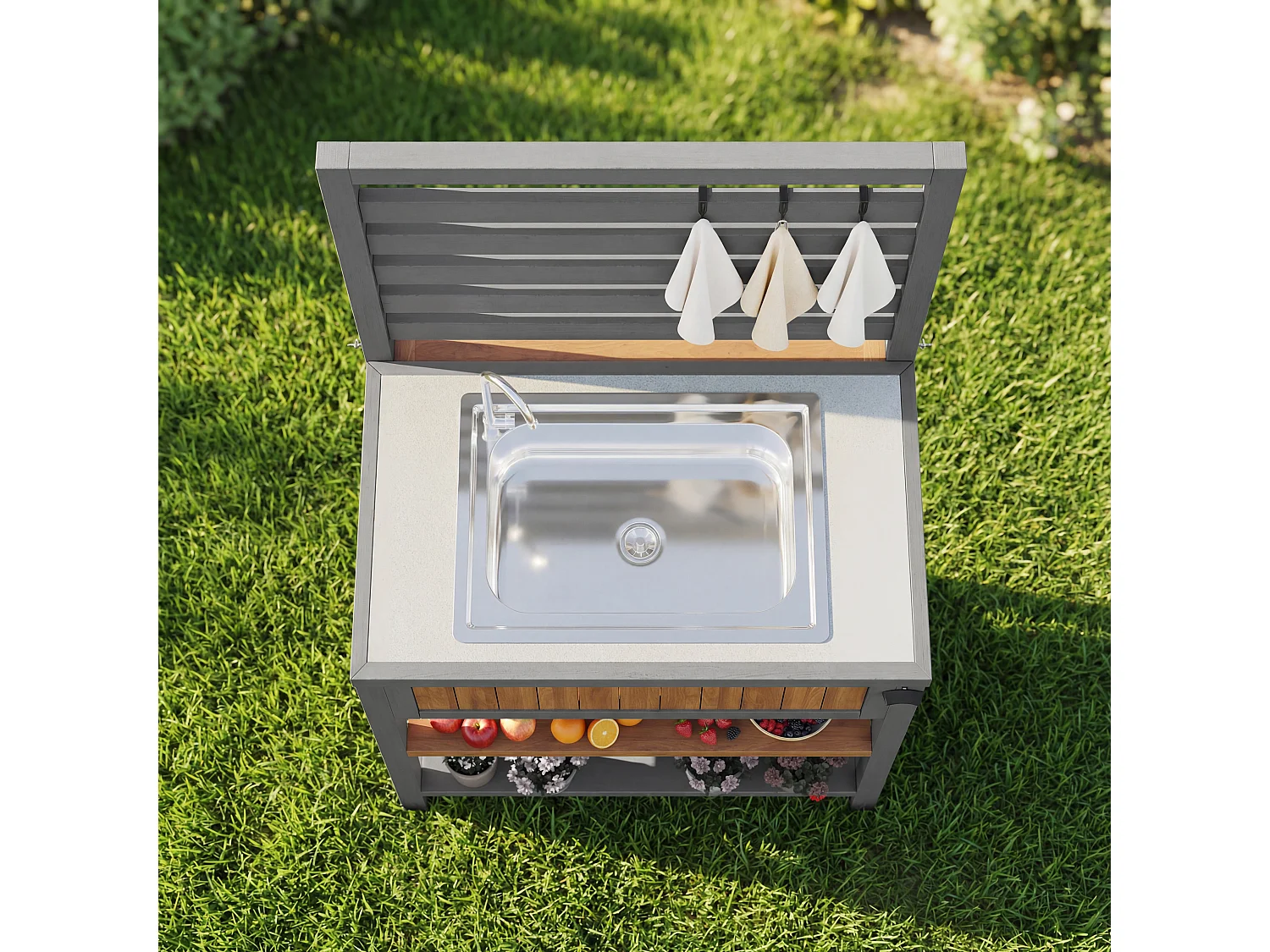 Garden Serving Cart with Integrated Sink, Tap, and Bottle Opener - Solid Wood Outdoor Buffet with Shelves and Hooks - 80x51x148.5cm - Grey