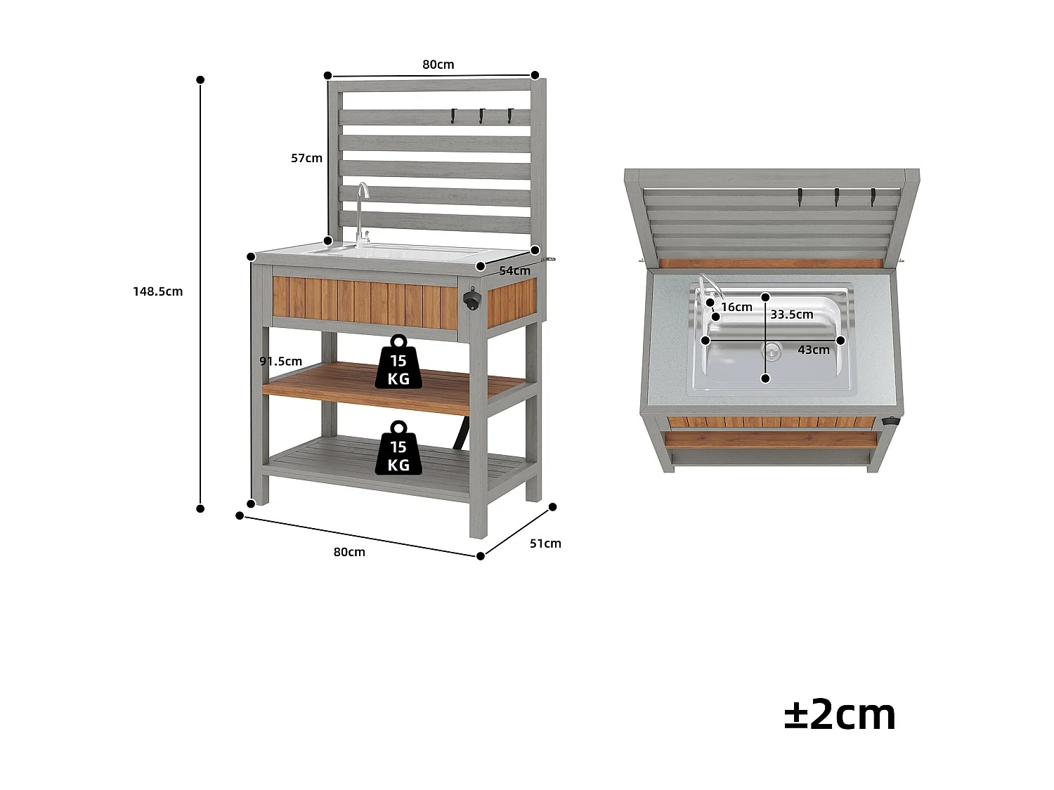 Garden Serving Cart with Integrated Sink, Tap, and Bottle Opener - Solid Wood Outdoor Buffet with Shelves and Hooks - 80x51x148.5cm - Grey