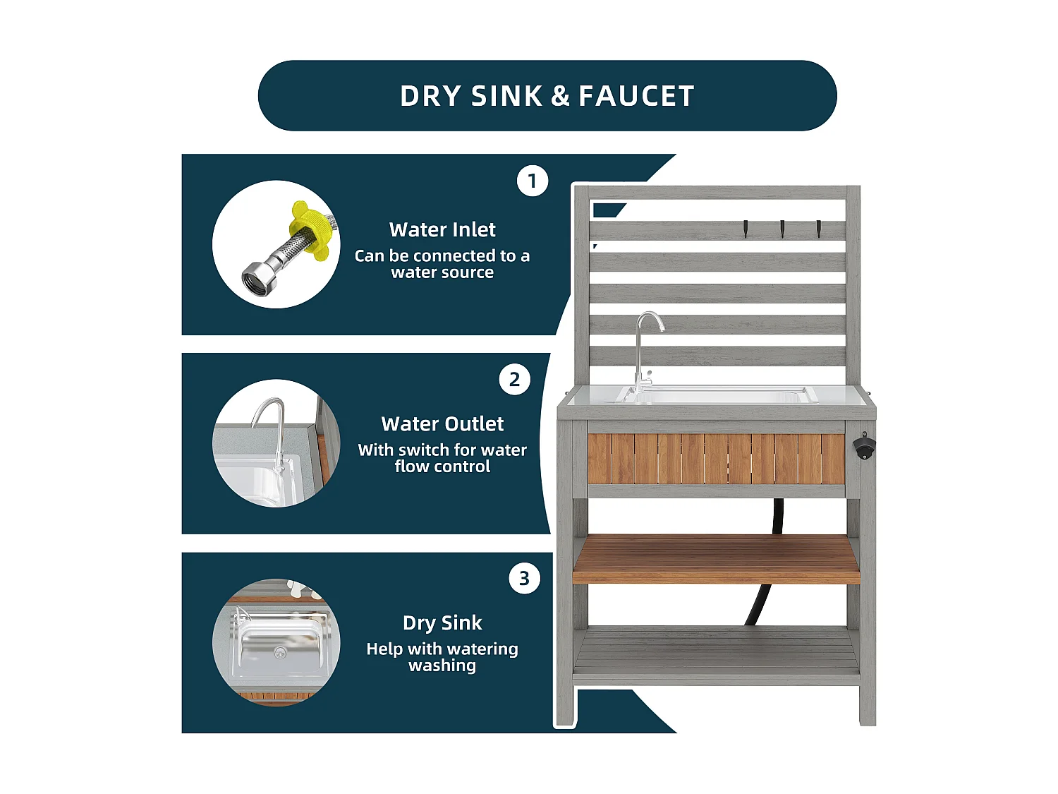 Garden Serving Cart with Integrated Sink, Tap, and Bottle Opener - Solid Wood Outdoor Buffet with Shelves and Hooks - 80x51x148.5cm - Grey
