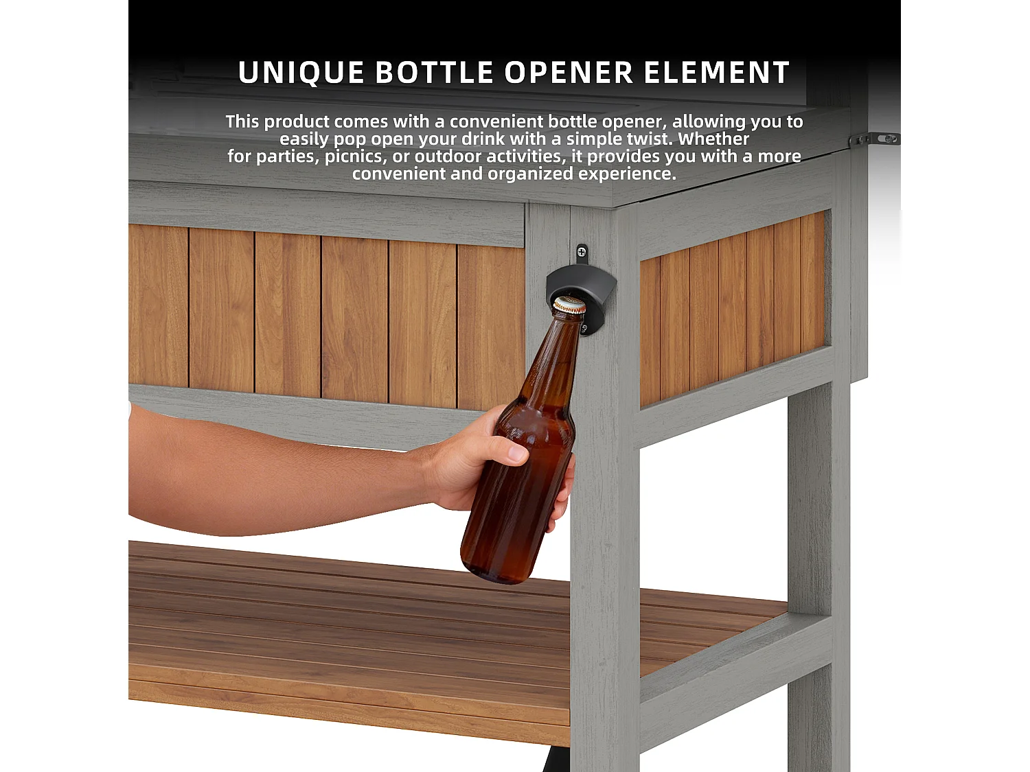 Garden Serving Cart with Integrated Sink, Tap, and Bottle Opener - Solid Wood Outdoor Buffet with Shelves and Hooks - 80x51x148.5cm - Grey
