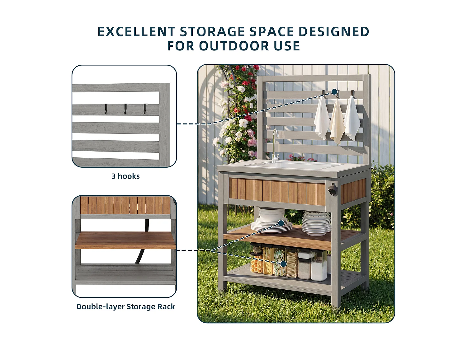 Garden Serving Cart with Integrated Sink, Tap, and Bottle Opener - Solid Wood Outdoor Buffet with Shelves and Hooks - 80x51x148.5cm - Grey