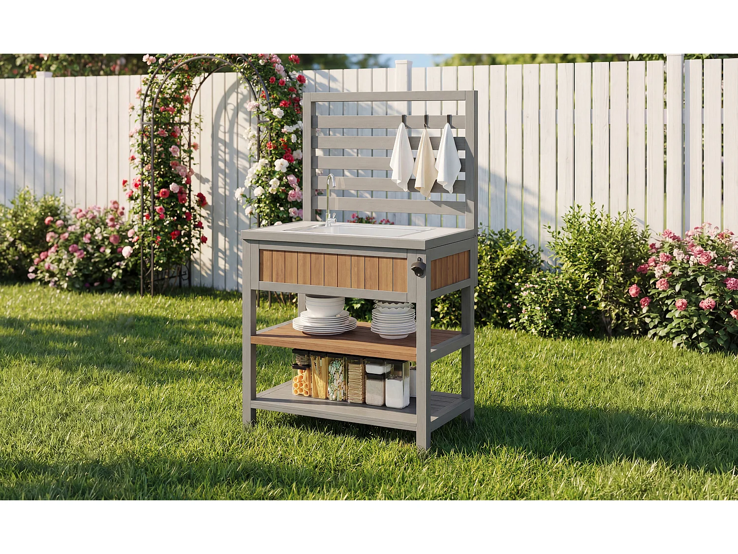 Garden Serving Cart with Integrated Sink, Tap, and Bottle Opener - Solid Wood Outdoor Buffet with Shelves and Hooks - 80x51x148.5cm - Grey