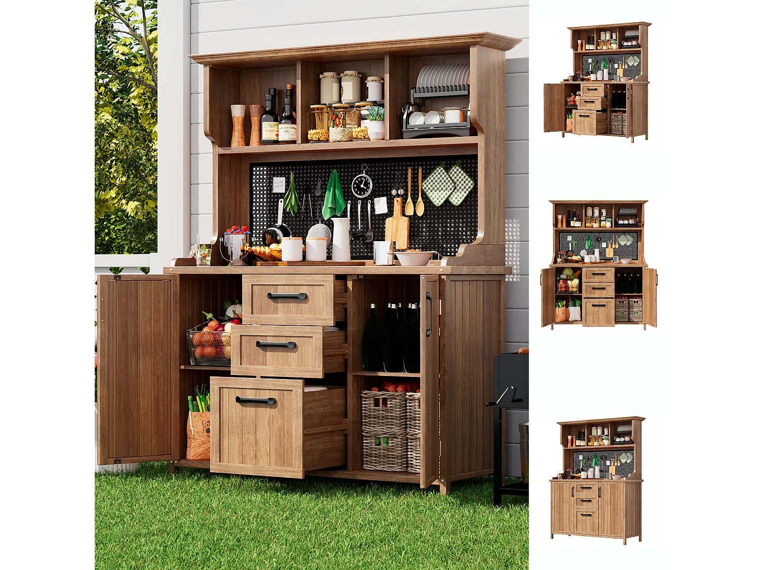 Solid Fir Garden Buffet with 3 Drawers, Perforated Panel and Adjustable Shelves - Vintage Style Outdoor Storage Cabinet - Natural