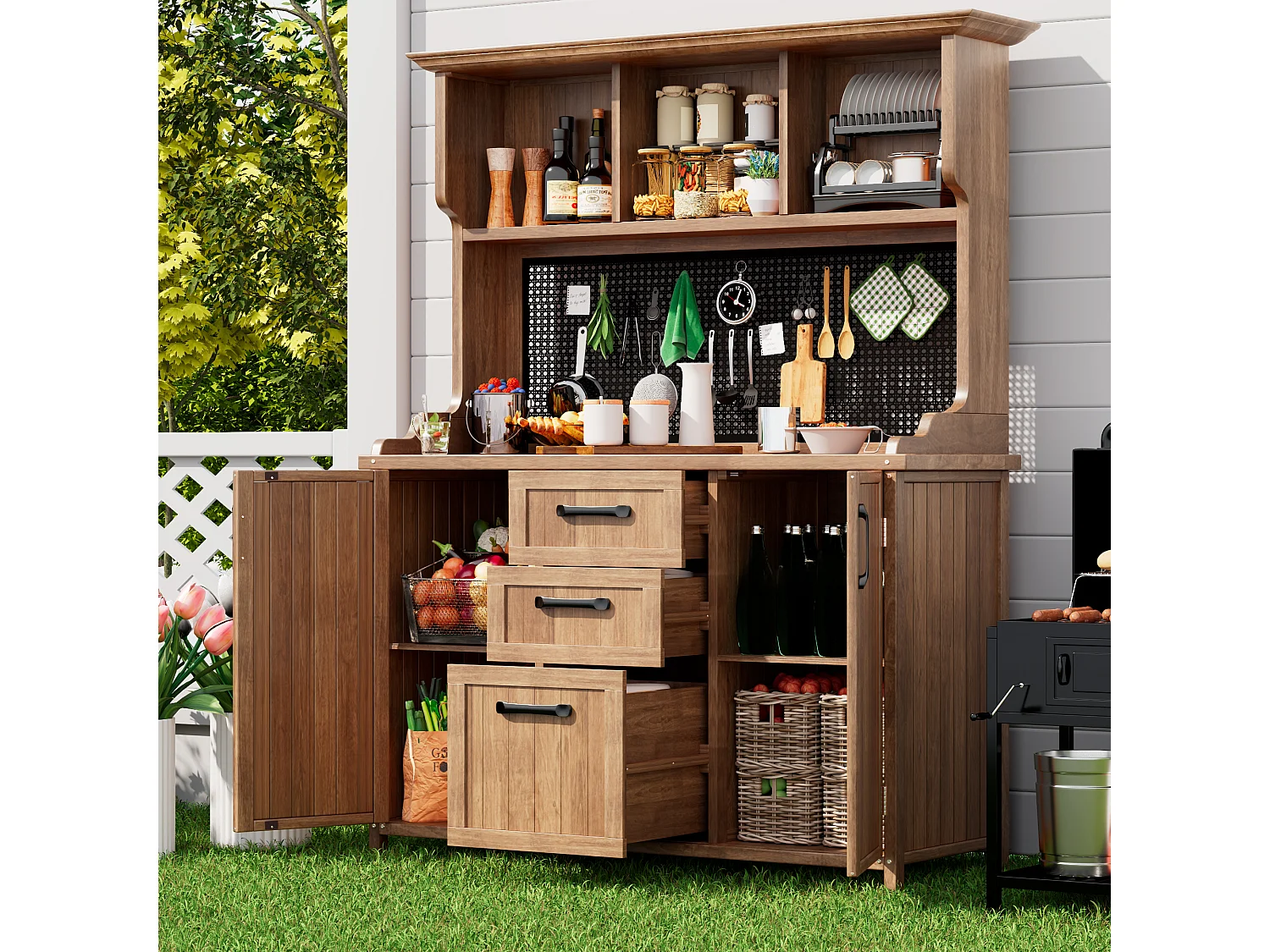 Solid Fir Garden Buffet with 3 Drawers, Perforated Panel and Adjustable Shelves - Vintage Style Outdoor Storage Cabinet - Natural