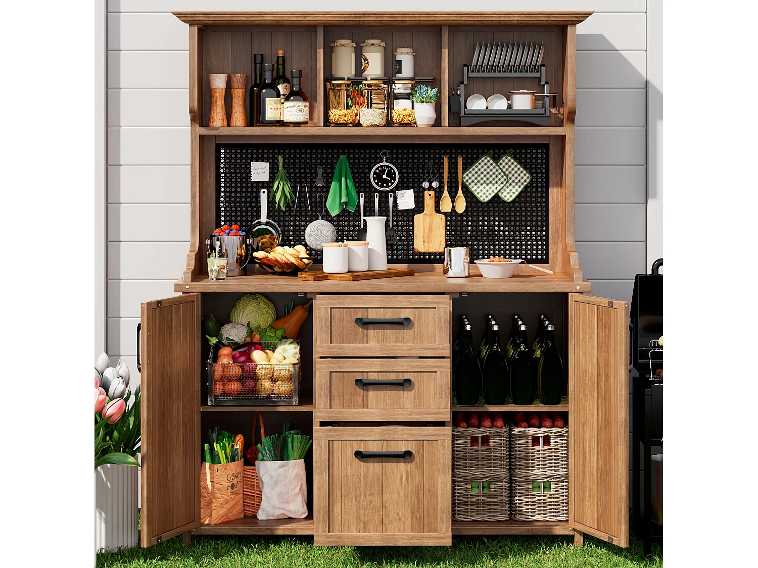 Solid Fir Garden Buffet with 3 Drawers, Perforated Panel and Adjustable Shelves - Vintage Style Outdoor Storage Cabinet - Natural