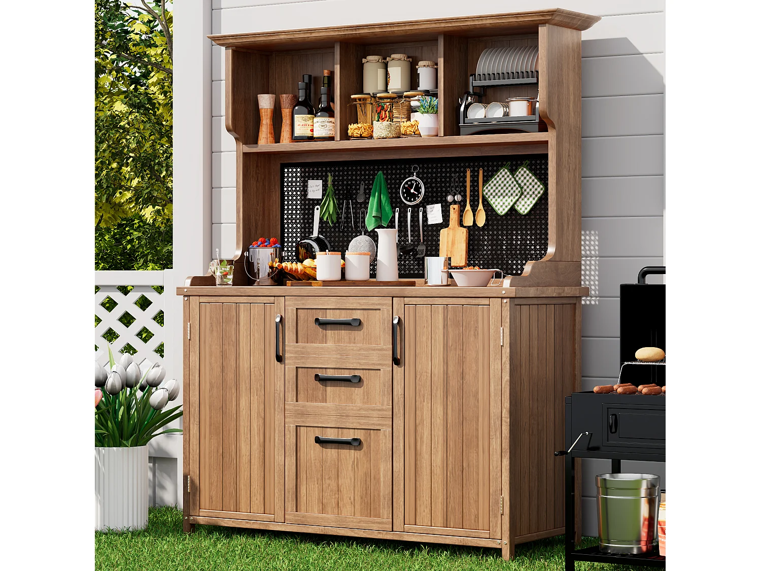Solid Fir Garden Buffet with 3 Drawers, Perforated Panel and Adjustable Shelves - Vintage Style Outdoor Storage Cabinet - Natural
