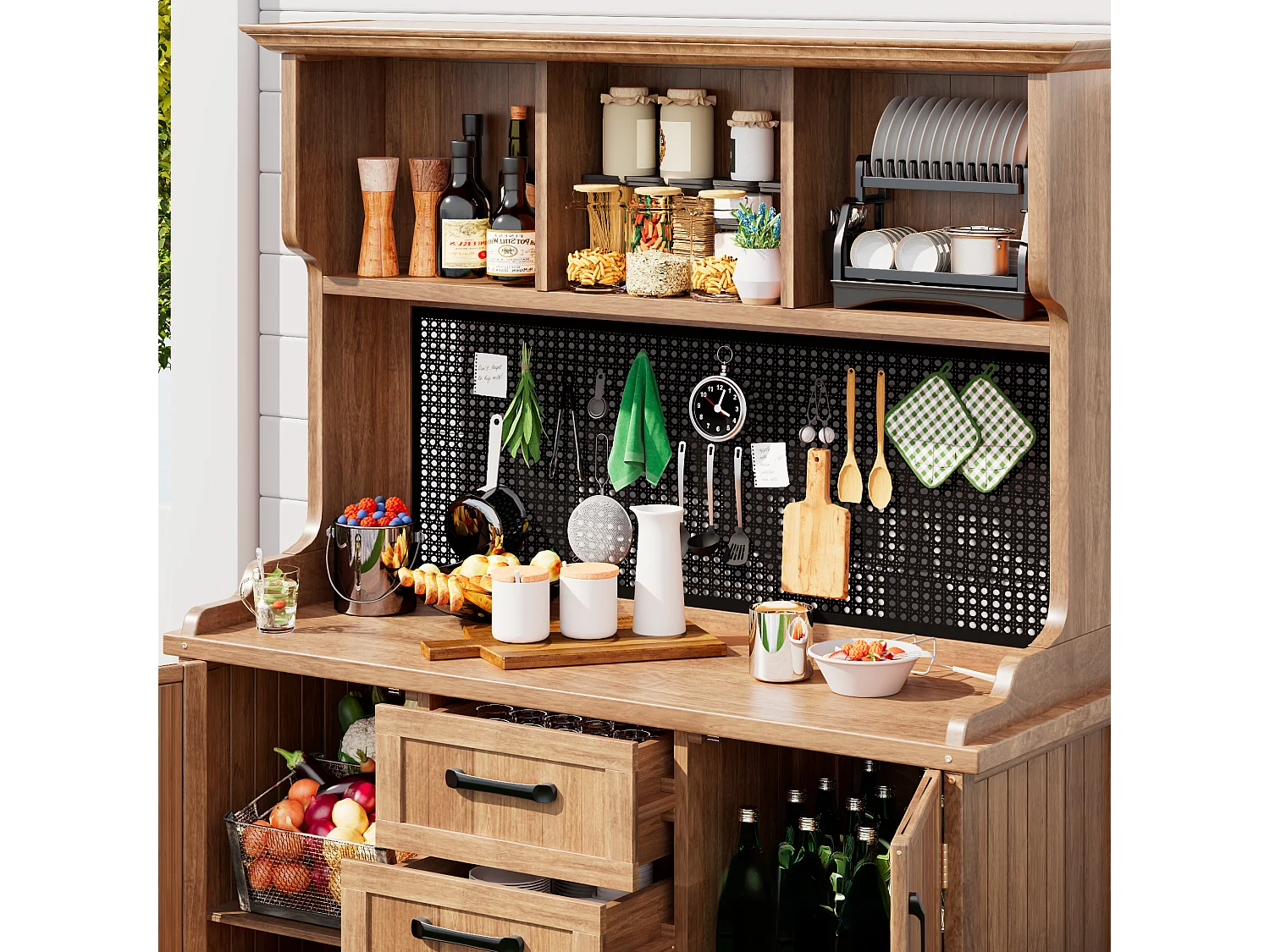 Solid Fir Garden Buffet with 3 Drawers, Perforated Panel and Adjustable Shelves - Vintage Style Outdoor Storage Cabinet - Natural