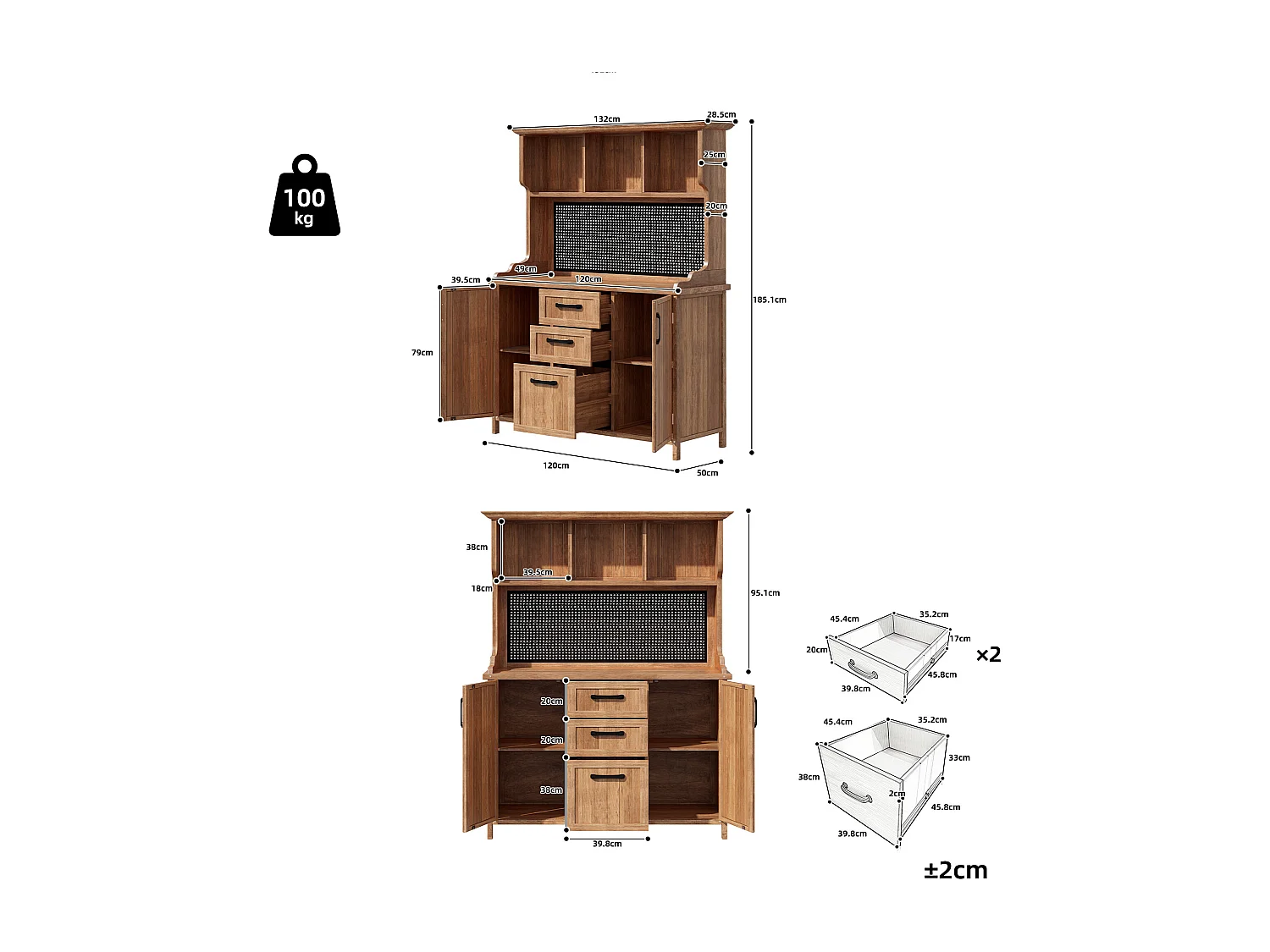 Solid Fir Garden Buffet with 3 Drawers, Perforated Panel and Adjustable Shelves - Vintage Style Outdoor Storage Cabinet - Natural