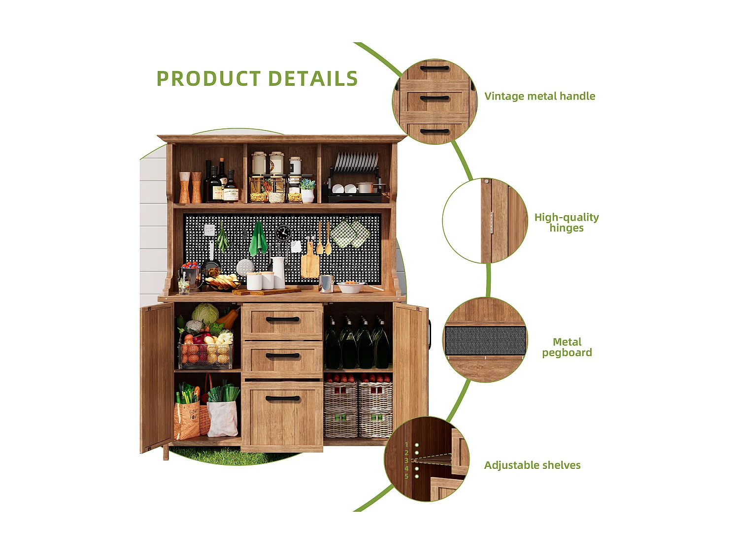 Solid Fir Garden Buffet with 3 Drawers, Perforated Panel and Adjustable Shelves - Vintage Style Outdoor Storage Cabinet - Natural