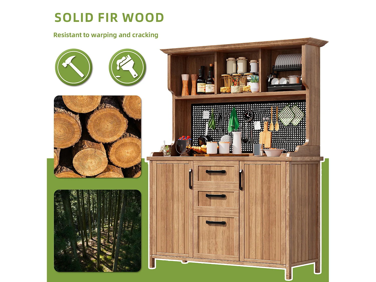 Solid Fir Garden Buffet with 3 Drawers, Perforated Panel and Adjustable Shelves - Vintage Style Outdoor Storage Cabinet - Natural