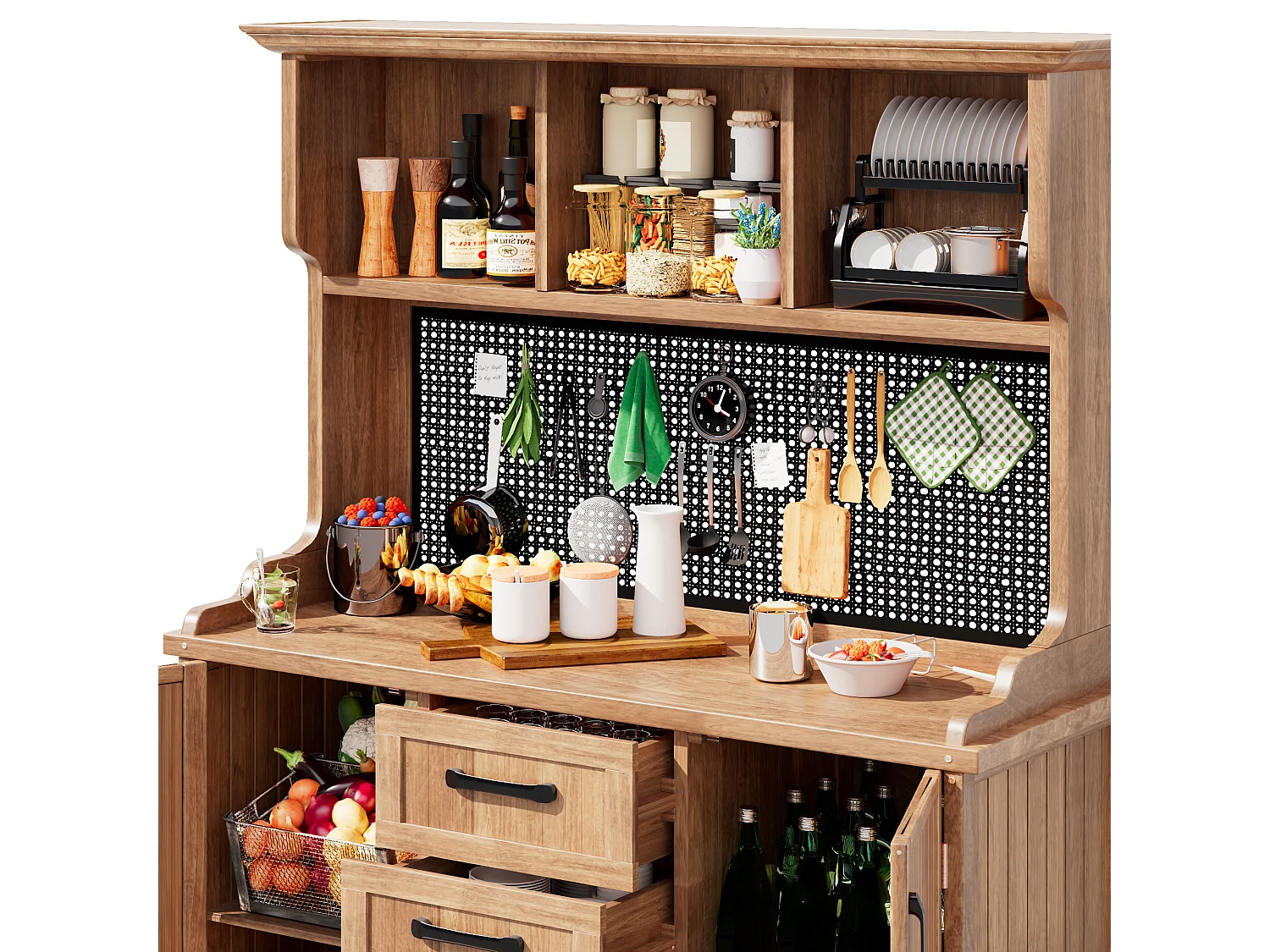 Solid Fir Garden Buffet with 3 Drawers, Perforated Panel and Adjustable Shelves - Vintage Style Outdoor Storage Cabinet - Natural