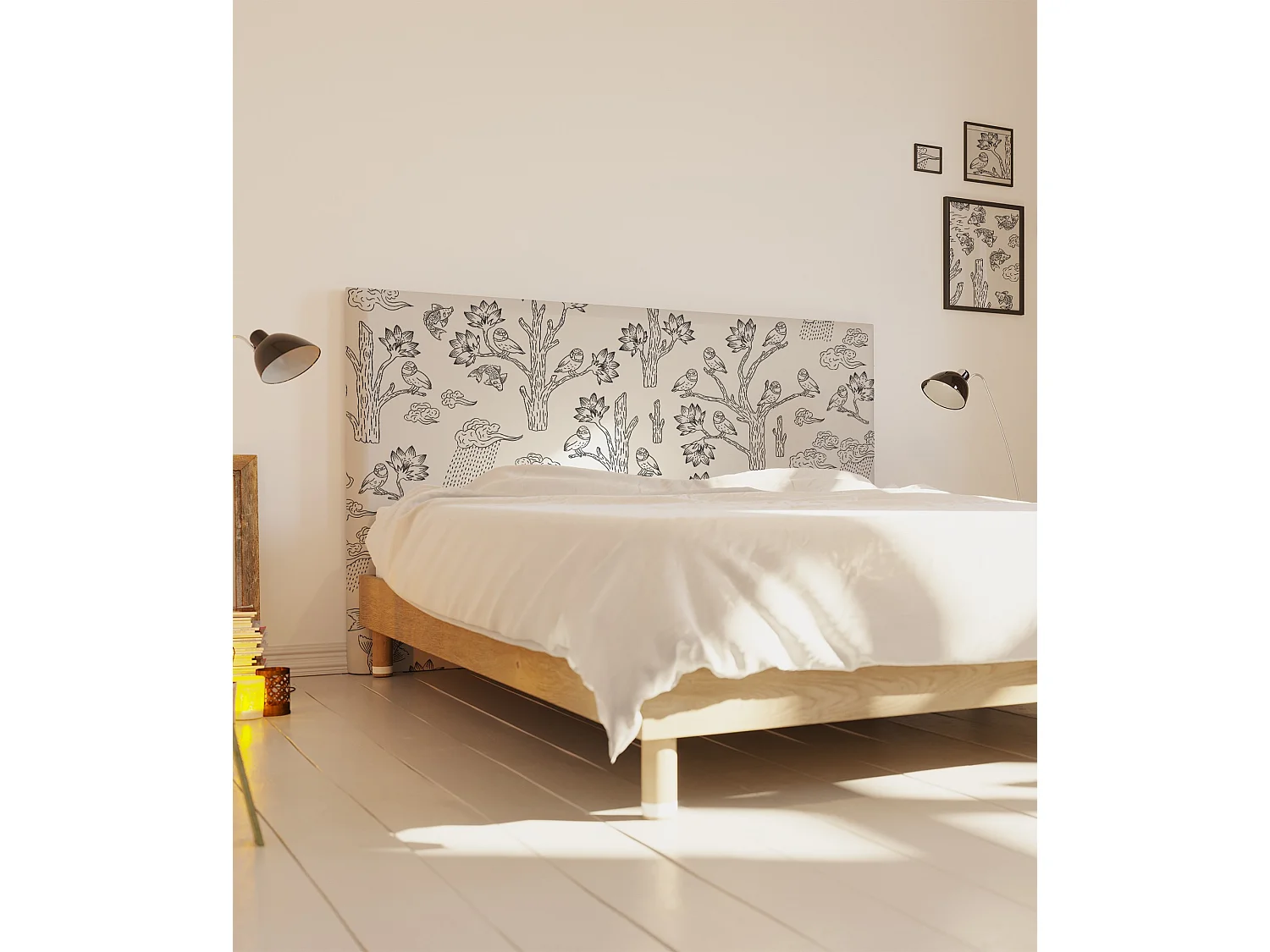 BELLECOUR LITERIE | Tête de lit déhoussable MESANGES BLEUES 160x110 cm | Coloris Blanc