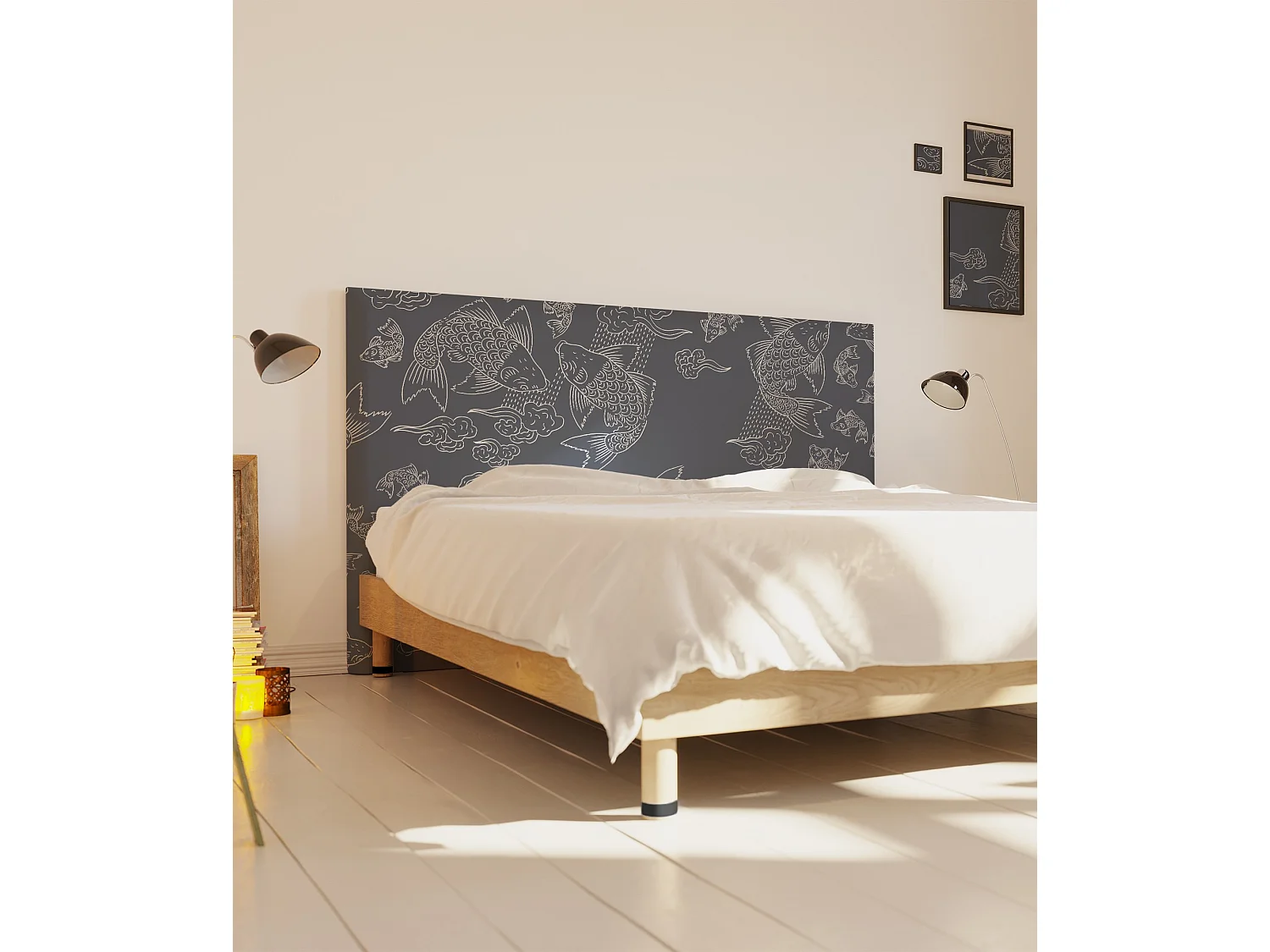 BELLECOUR LITERIE | Tête de lit déhoussable BANC DE POISSONS 140x110 cm | Coloris Gris