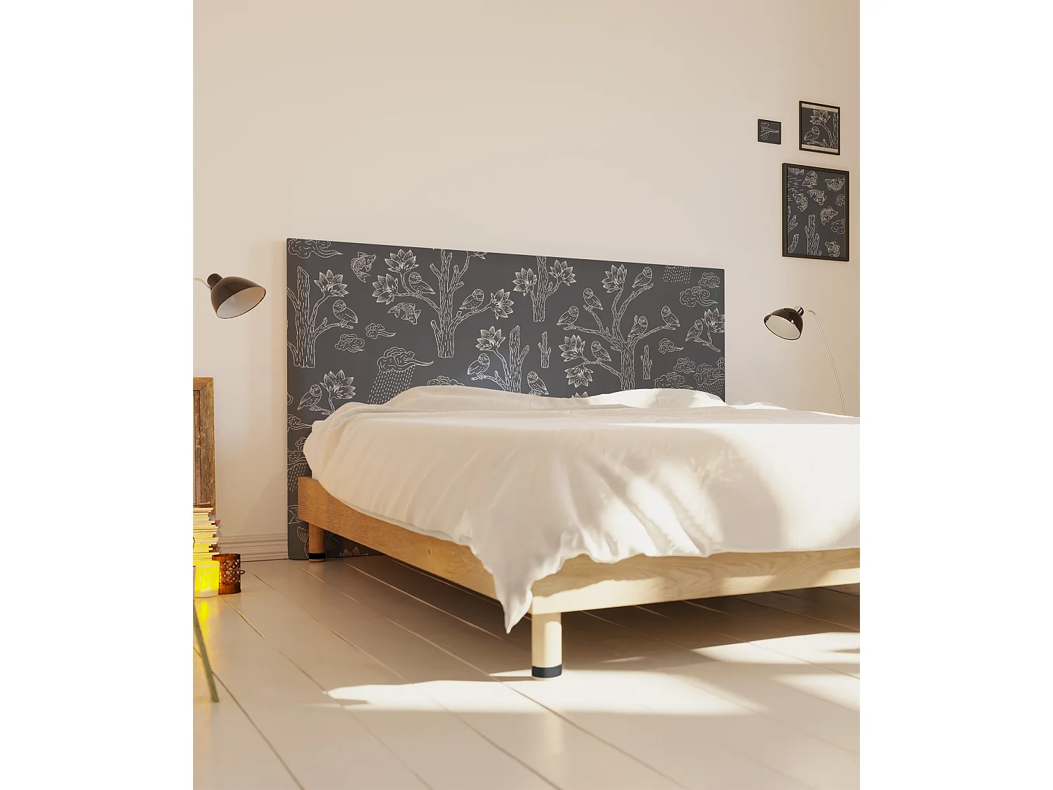 BELLECOUR LITERIE | Tête de lit déhoussable MESANGES BLEUES 160x110 cm | Coloris Gris