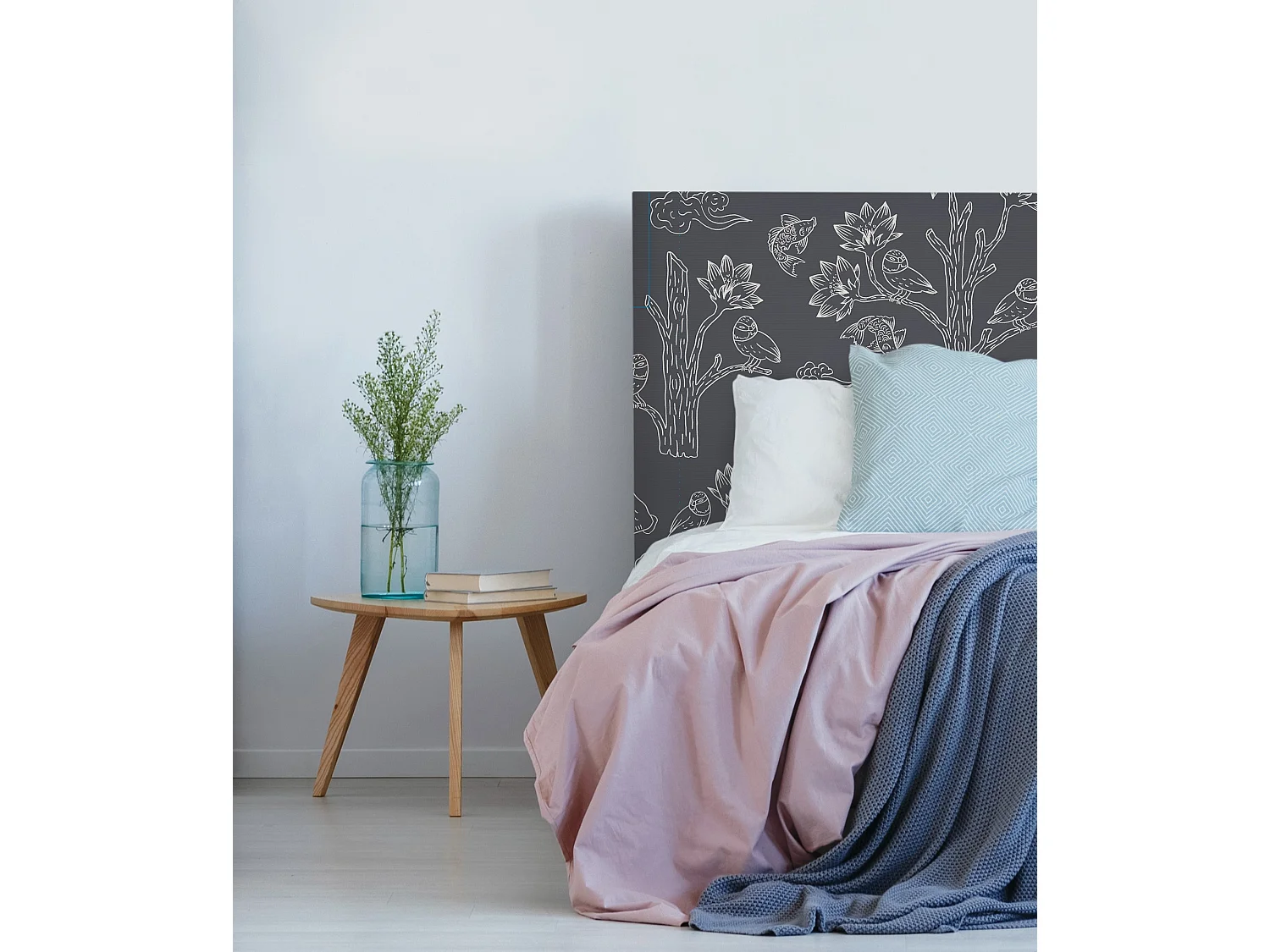 BELLECOUR LITERIE | Tête de lit déhoussable MESANGES BLEUES 140x110 cm | Coloris Gris