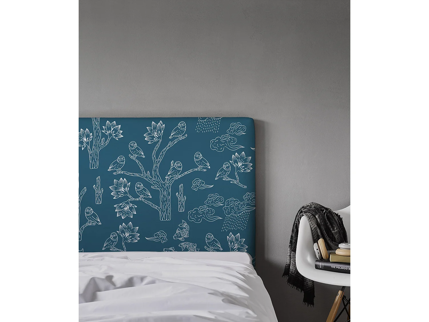BELLECOUR LITERIE | Tête de lit déhoussable MESANGES BLEUES 140x110 cm | Coloris Bleu