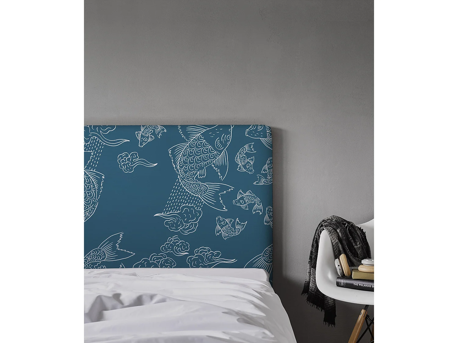 BELLECOUR LITERIE | Tête de lit déhoussable BANC DE POISSONS 160x110 cm | Coloris Bleu