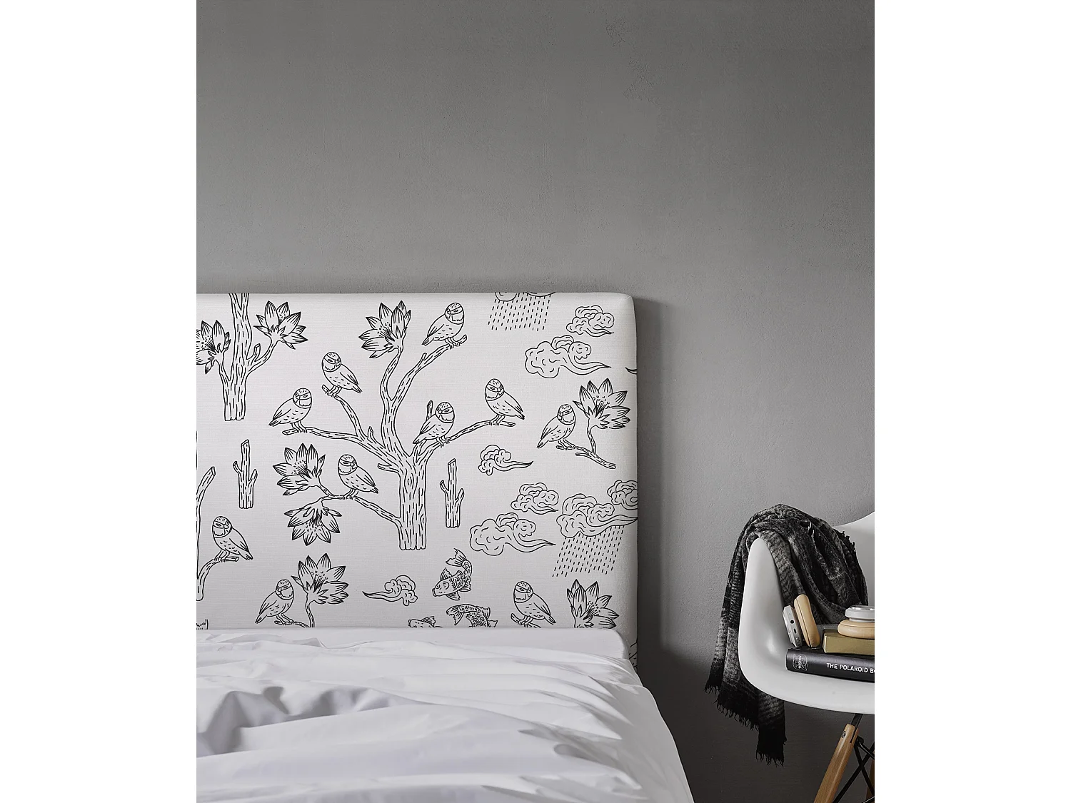 BELLECOUR LITERIE | Tête de lit déhoussable MESANGES BLEUES 140x110 cm | Coloris Blanc