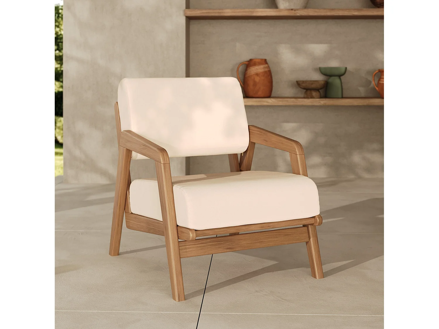 Poltrona da giardino in legno di acacia e tessuto bouclé beige chiaro - Siargao