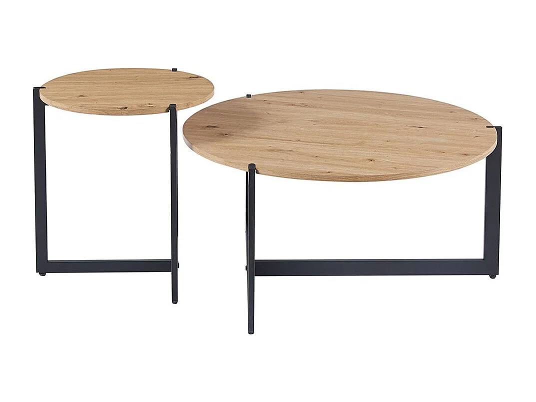 Set von zwei runden Couchtischen im Industriestil, Kollektion BIANCA - Farbe helles Eichenholz und Schwarz.