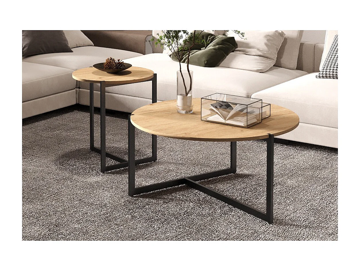 Set von zwei runden Couchtischen im Industriestil, Kollektion BIANCA - Farbe helles Eichenholz und Schwarz.