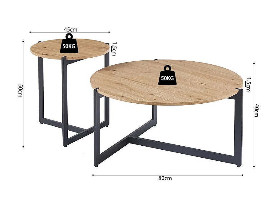 Set von zwei runden Couchtischen im Industriestil, Kollektion BIANCA - Farbe helles Eichenholz und Schwarz.