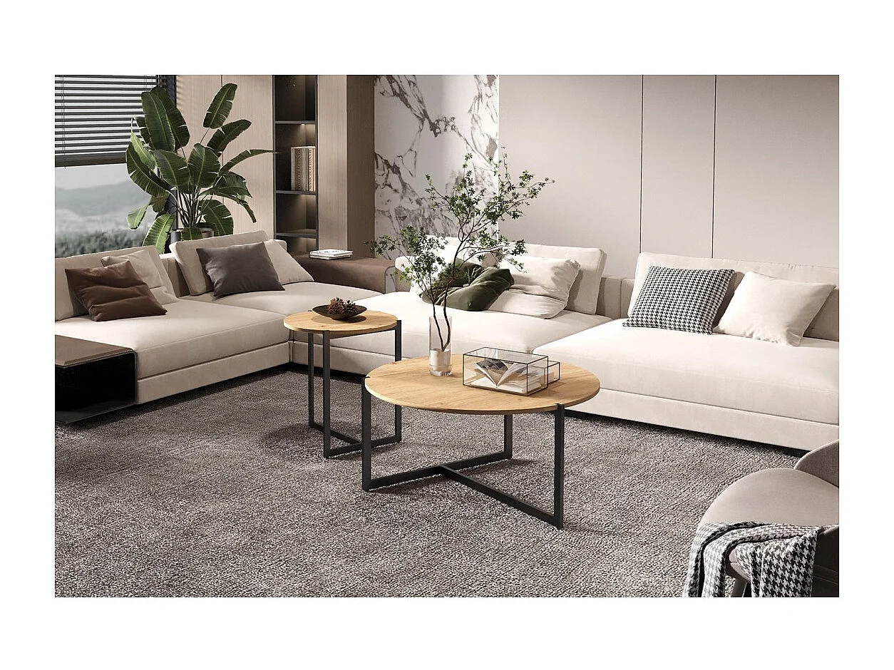 Set von zwei runden Couchtischen im Industriestil, Kollektion BIANCA - Farbe helles Eichenholz und Schwarz.