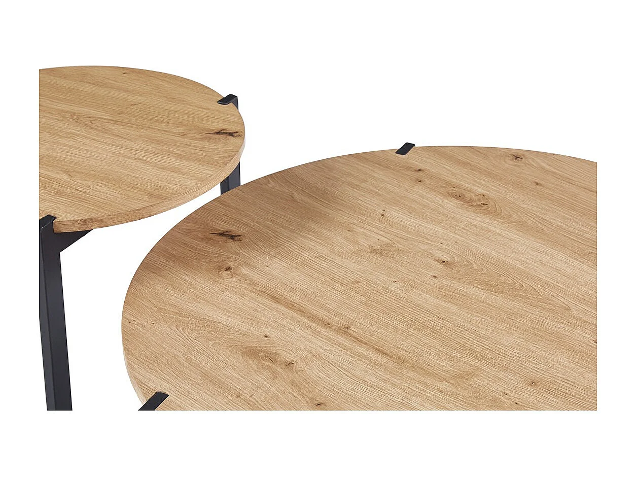 Set von zwei runden Couchtischen im Industriestil, Kollektion BIANCA - Farbe helles Eichenholz und Schwarz.