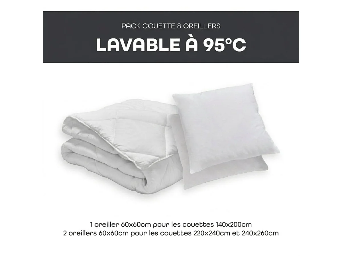 Pack Lavable à 95 Couette chaude 220x240cm + 2 Oreillers moelleux 60x60cm