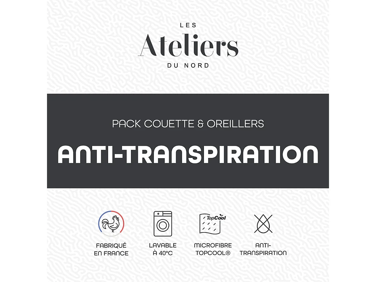 Pack Anti-transpiration Couette légère 220x240cm + 2 Oreillers moelleux 60x60cm