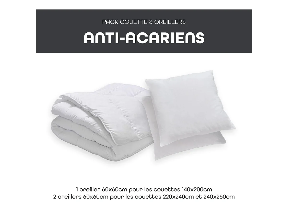 Pack Anti-acariens Couette chaude 220x240cm + 2 Oreillers moelleux 60x60cm