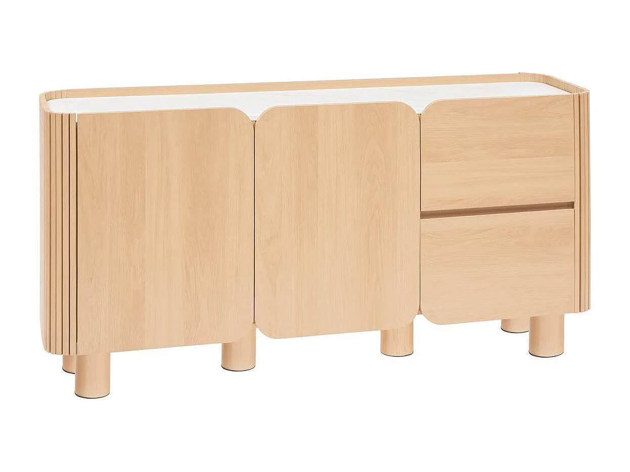 Buffet à 2 portes 4 niches et 2 tiroirs coloris effet bois naturel - Longueur 160,5 x Profondeur 40,2 x Hauteur 80,2 cm