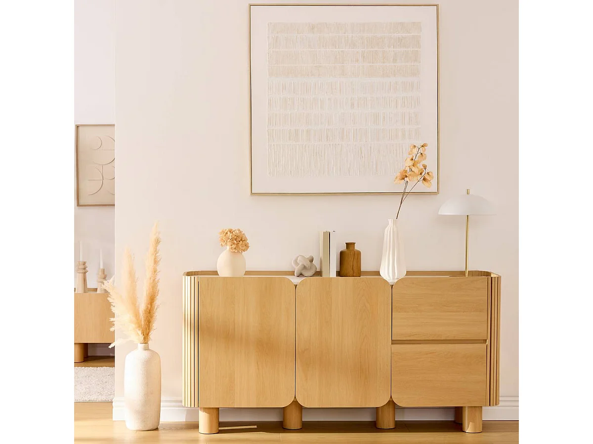 Buffet à 2 portes 4 niches et 2 tiroirs coloris effet bois naturel - Longueur 160,5 x Profondeur 40,2 x Hauteur 80,2 cm