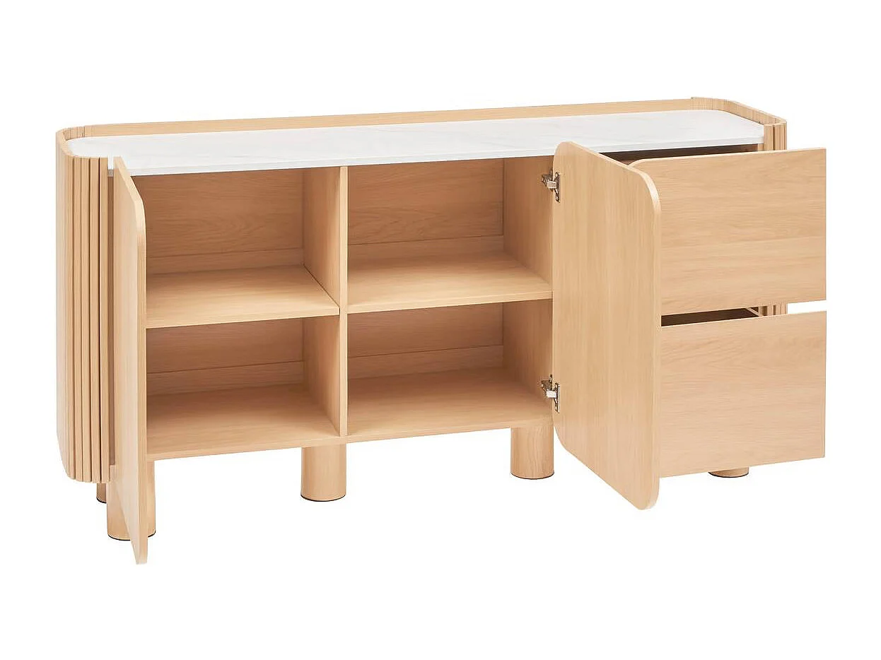 Buffet à 2 portes 4 niches et 2 tiroirs coloris effet bois naturel - Longueur 160,5 x Profondeur 40,2 x Hauteur 80,2 cm