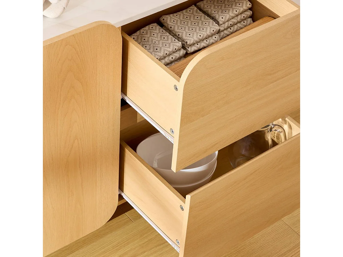 Buffet à 2 portes 4 niches et 2 tiroirs coloris effet bois naturel - Longueur 160,5 x Profondeur 40,2 x Hauteur 80,2 cm