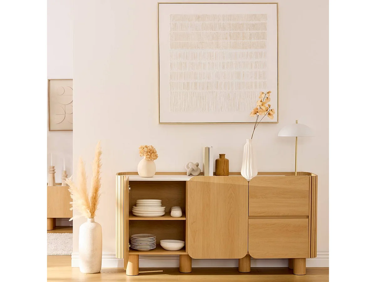 Buffet à 2 portes 4 niches et 2 tiroirs coloris effet bois naturel - Longueur 160,5 x Profondeur 40,2 x Hauteur 80,2 cm