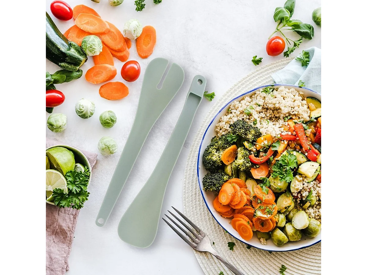 Set de 2 Saladiers en inox de 20,5 cm et 25 cm de diamètre et couverts à salade en plastique Fackelmann