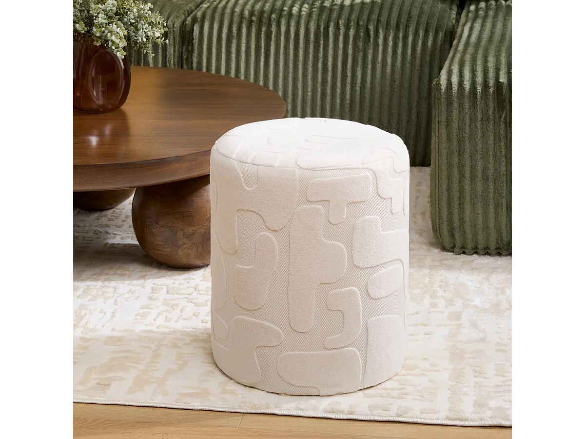 Pouf en tissu avec motifs géométriques coloris Blanc - Diamètre 36 x Profondeur 36 x Hauteur 40 cm