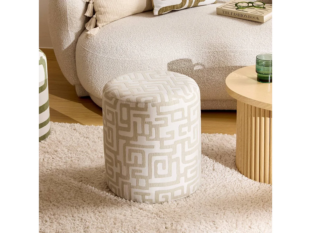 Pouf en tissu avec motifs géométriques coloris Beige - Diamètre 36 x Profondeur 36 x Hauteur 40 cm