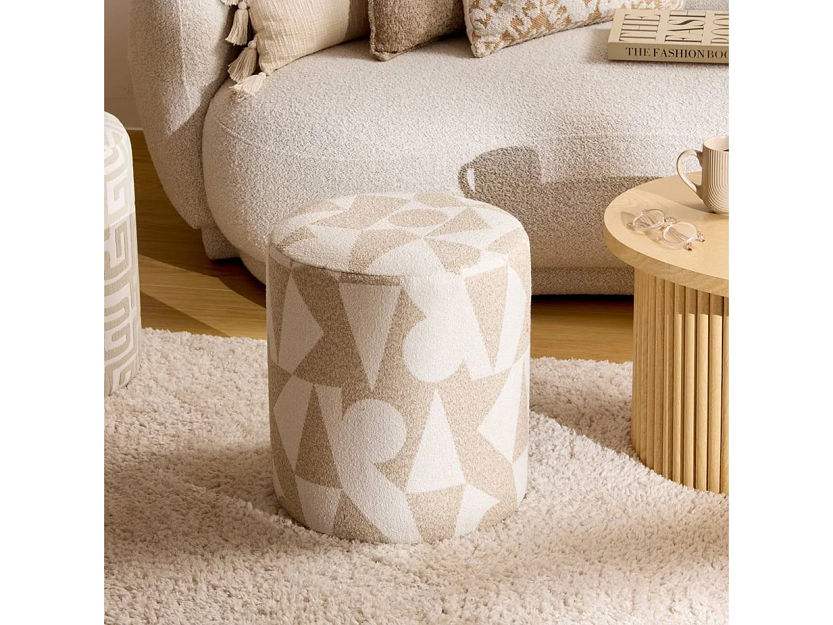 Pouf en tissu avec des motifs géométriques coloris Beige - Diamètre 36 x Profondeur 36 x Hauteur 40 cm