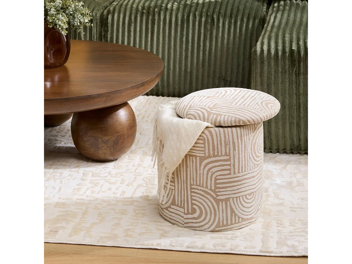 Pouf coffre en tissu avec motifs coloris beige - Diamètre 31 x Profondeur 31 x Hauteur 34 cm