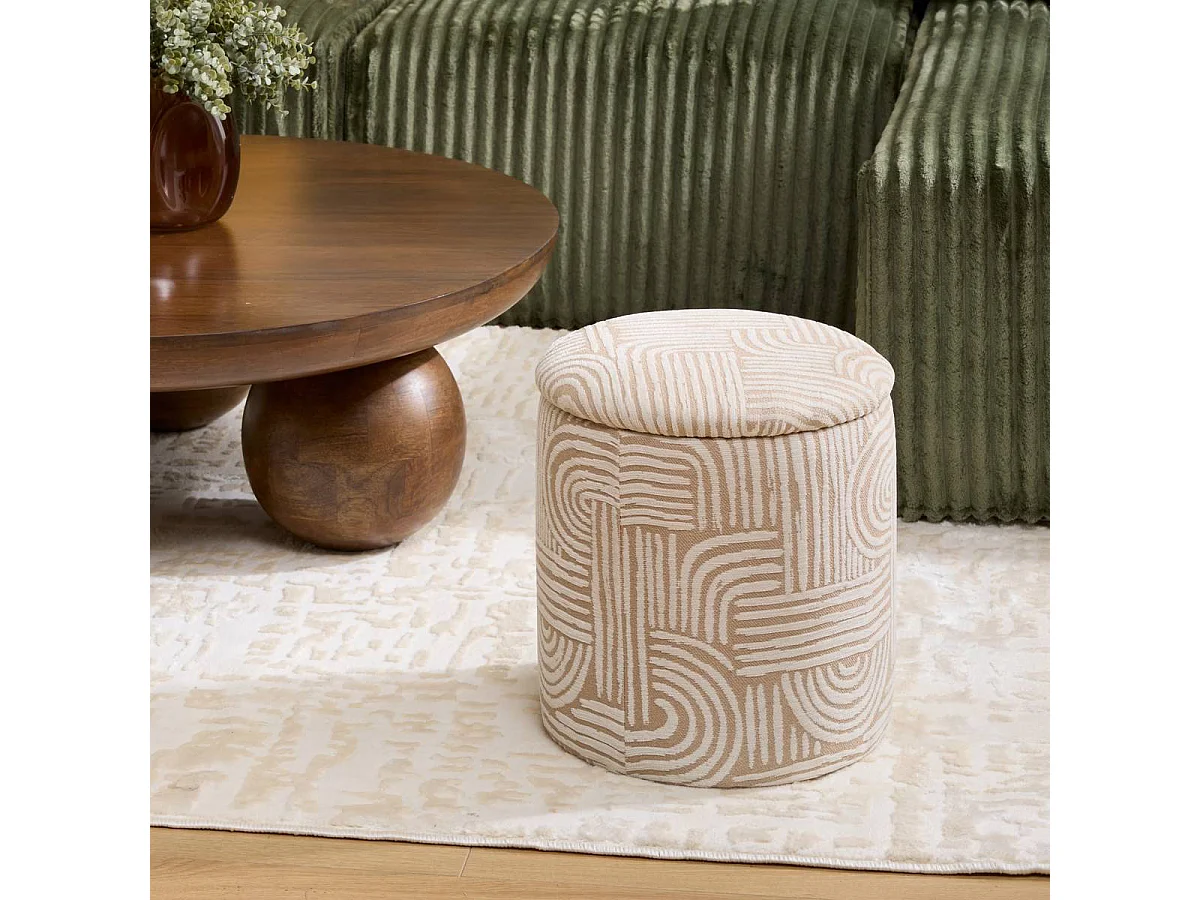 Pouf coffre en tissu avec motifs coloris beige - Diamètre 31 x Profondeur 31 x Hauteur 34 cm