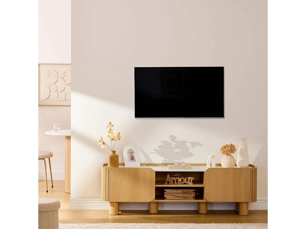 Meuble TV de  2 portes 2 étagères coloris effet bois naturel - Longueur 160 x Profondeur 40,2 x Hauteur 50,2 cm